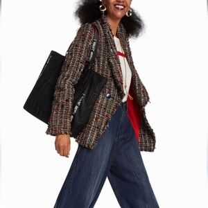 Desigual Blazer Womens Tan Black Red Tweed Fringe Colourful Jacket Euro 44 US XL